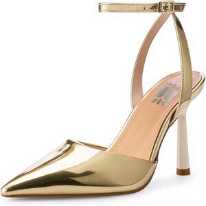 Women's Gold Pumps Pointed Toe Heels with Ankle Strap Closed Toe High Heels
